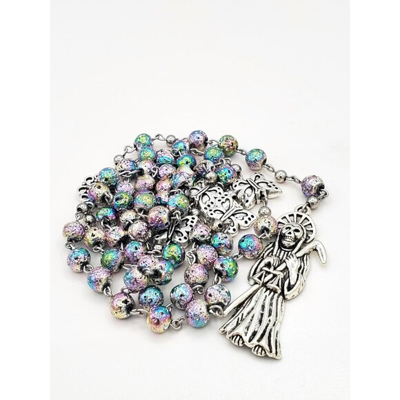 Handmade Electroplate Lava Santa Muerte Rosary Holy Death Amulet Prayer Beads - Picture 10 of 10